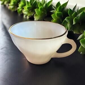 Anchor Hocking Fire King Gold Rim White Swirl Coffee Tea Cup Milk Glass